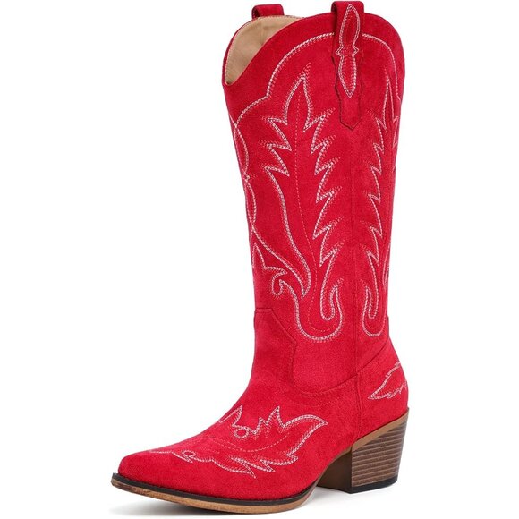 Women Red Faux Suede Retro Snip Toe Chunky Block Heel Embroidered Western Boot - Picture 2 of 4